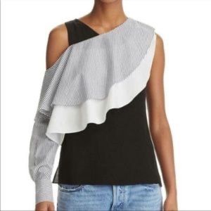 Yigal x Aqua Ruffled Cold Shoulder Top Black/White Small NWT